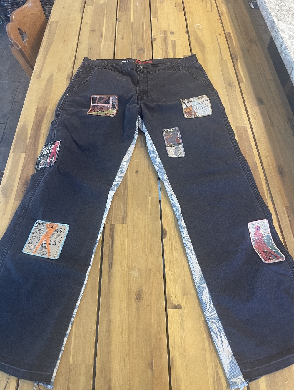 Dickies Flex X Rated‎ Upcycled Black Denim Embroidered Newspaper Patch Jeans 36